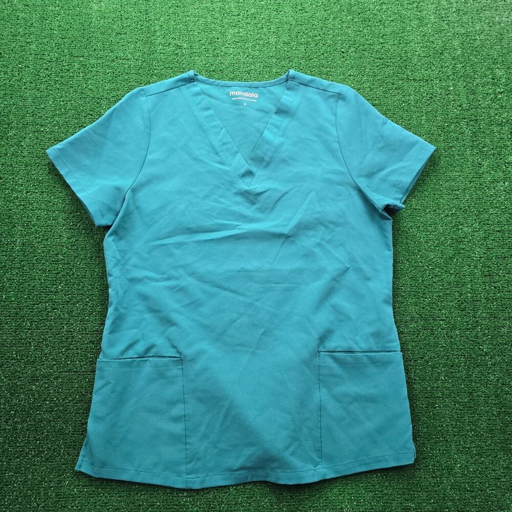 Mandala Scrubs Top Womens Small V-Neck Teal Equa Tek Nurse Medical Shirt‎